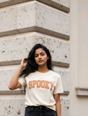 Spooky Graphic Tee in Cream - Casual Short Sleeve Top